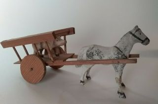 Antique Trio,  Erzgebirge Putz Wood Figurines,  Horse Cart & Pig Pull Toy,  Germany