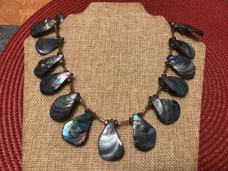 Vintage Estate Artisan Chunky Abalone Shell Necklace Silver Tone 19 - 21”