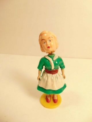 Vintage Small Plastic Bobble - Head Woman In Green Dress; Made In Hong Kong