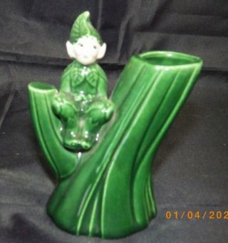 Vintage Treasure Craft Ceramic Pixie Elf Fairy Figurine/planter Green Suit,  Tree
