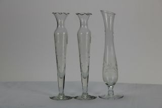 Set Of 3 Vintage Footed Glass Bud Vases 10 " Ruffled Slant Edge Etched Floral