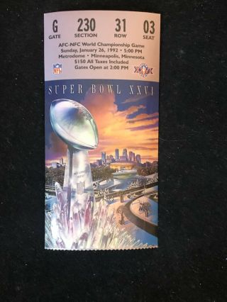 1992 Bowl Xxvi (26) Ticket Stub Washington 37 Buffalo 24