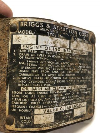 Briggs & Stratton Model 5S Gas Engine ID Tag Head Tin Plate Vintage Motor Part 2