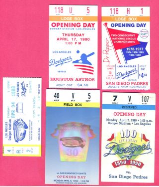 1979/1980/1988/1990/1992 - Deal Of 5 Dodgers Opening Day Ticket Stubs