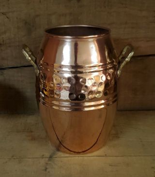 Vintage Hammered Copper Milk Can Kettle Planter With Brass Handles.  6 1/2 " Tall.
