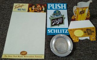 Vintage Schlitz Beer.  Menu,  Push Decal,  Ashtray & Table Sign.  Nos