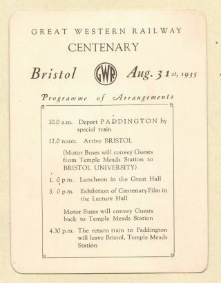 1935 Original/rare Great Western Railway Cent: Programmeof Arrangements,  Bristol