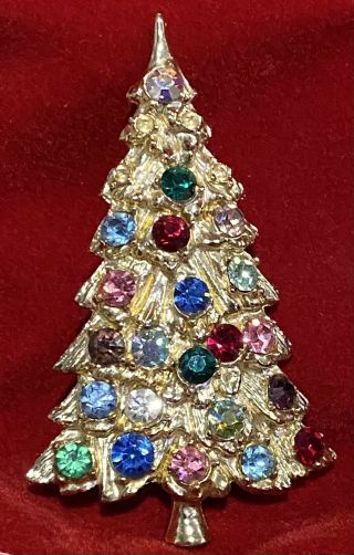 Vintage 1960s Large 2.  5” Christmas Tree Brooch Pin Multi Color Rhinestone