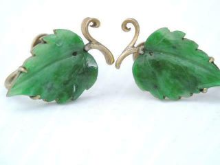 Antique Chinese Apple Green Jade Sterling Silver Earrings Carved Tea Leaf Design