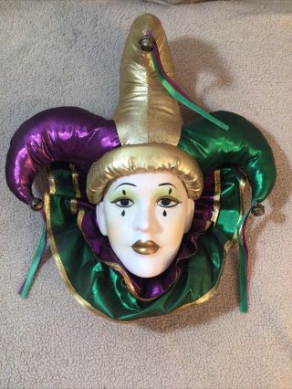Vtg Mardi Gras Purple/gold/green Porcelain Jester Harlequin Mask Wall Hanging