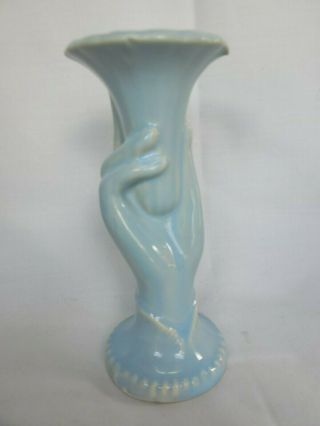 Vintage Usa Pottery Hand Holding Vase Light Blue Art Deco 7 " Tall