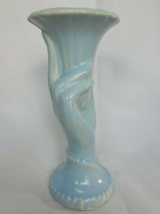 Vintage USA Pottery HAND HOLDING VASE Light Blue Art Deco 7 