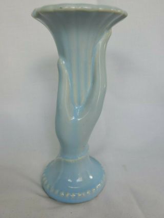 Vintage USA Pottery HAND HOLDING VASE Light Blue Art Deco 7 