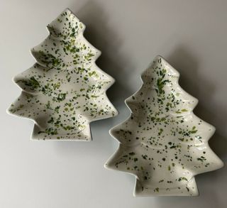 Set Of 2 Vintage Ceramic Speckled Christmas Tree Candy Dish Handmade White Green