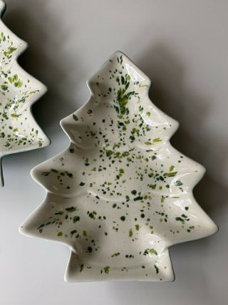 Set of 2 Vintage Ceramic Speckled Christmas Tree Candy Dish Handmade White Green 2