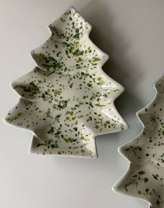 Set of 2 Vintage Ceramic Speckled Christmas Tree Candy Dish Handmade White Green 3