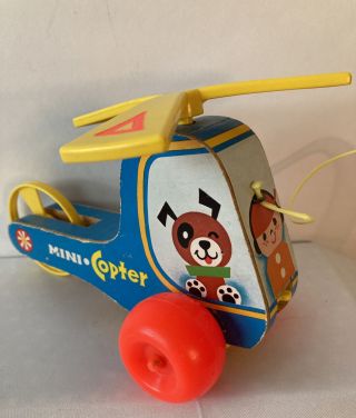 1811 Vintage 1970 Fisher Price Wood Wooden Mini Copter 448 Childrens Pull Toy