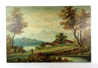 Large Vintage Mid Century Landscape Oil Painting Of Lake Mountain Signed 36 X 24