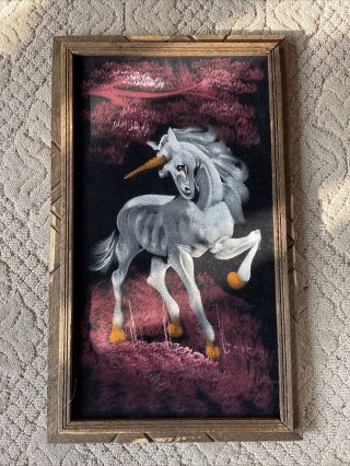 Vintage Mcm Black Velvet Unicorn Painting Wood Frame Made In Mexico Signed