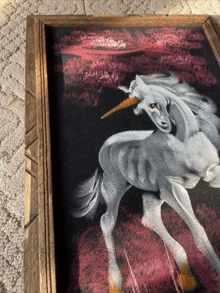 Vintage MCM Black Velvet Unicorn Painting Wood Frame Made In Mexico Signed 3