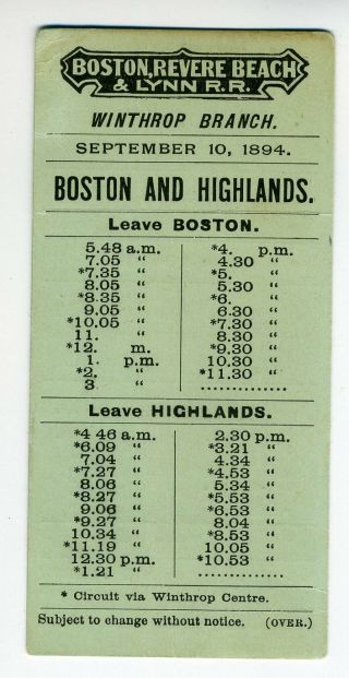 Boston Revere Beach & Lynn Railroad Timetable - 1894 - Narrow Gauge