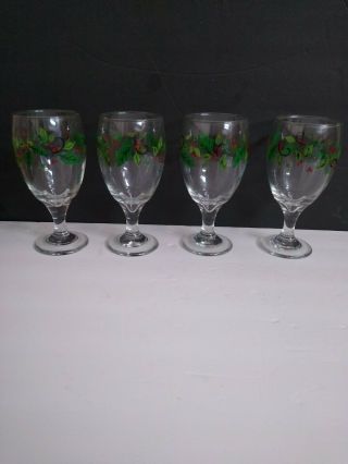 4 Libbey Holly Leaf & Berry Berries Christmas Glasses Iced Tea,  Water,  Vtg 70s