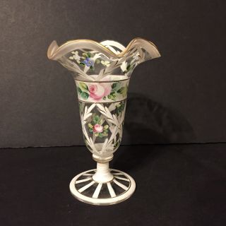 Vintage Clear Glass Hand Painted Roses Golden Trim 5.  5 " Vase