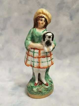Rare Antique 19th Century Staffordshire Girl W Spaniel Dog Plaid Skirt Figurine