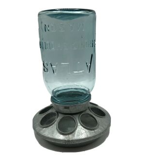 Vintage Blue Mason Glass Jar Chicken Feeder Watered Atlas Jar Galvanized Base