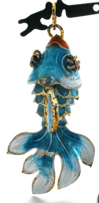 Vintage Blue Cloisonne Enamel Articulated Fish Charm Pendant Gold Plated