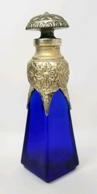 Vintage Silvestri Art Nouveau Cobalt Blue Perfume Bottle Silvertone Overlay