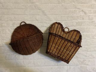 Two (2) Hanging Wicker Baskets Wall Hangers Home Decor Vintage Style Baskets