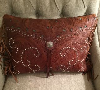 Vintage American West Hand Tooled Leather Pillow Western Rustic Ranch Decor 2