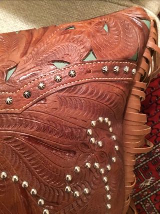 Vintage American West Hand Tooled Leather Pillow Western Rustic Ranch Decor 3