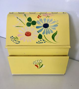 Vintage Ransburg 50s 60s Recipe Box Hand Painted Metal Tin Yellow Floral Flowers