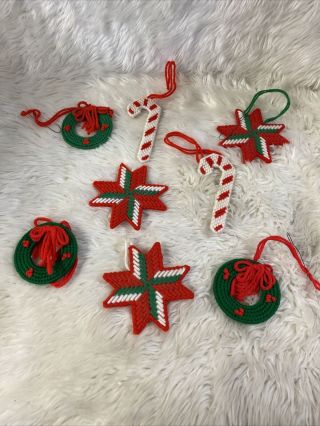 8 Vintage Hand Made Yarn Plastic Canvas And Crocheted Christmas Ornaments Z5