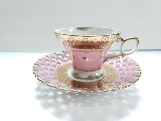 Vintage Lm Royal Halsey Very Fine Tea Cup And Saucer Reticulated Both Gold Trim