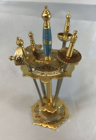 Vintage Spain Miniature Toledo Bar Cocktail Toothpicks Brass Metal Sword Holder