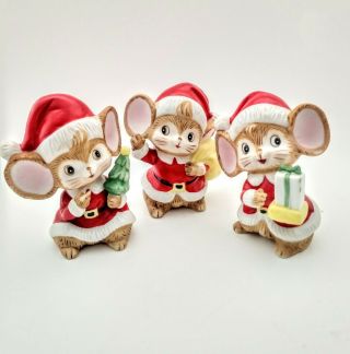 Vintage Homco Christmas Santa Mice Ceramic Figurines Set Of 3 Gift,  Tree,  Sack