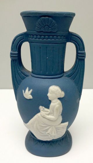 Vintage Wedgwood Blue Jasperware Cameo Double Handle Vase Made In Japan