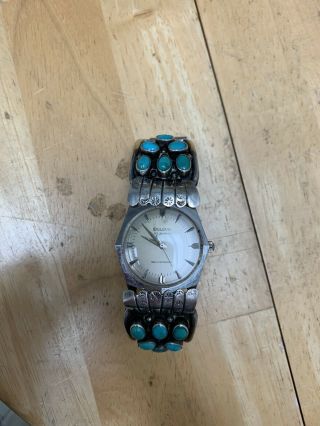 Antique Native American Indian Sterling Silver Turquoise And Coral Zuni Watch