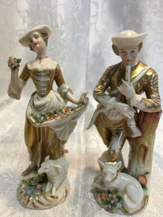 Antique Fine Porcelain Figures Sitzendorf Woman & Man Sheep & Dog Gold Flowers