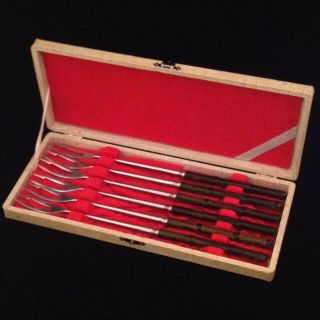 Vintage Bamboo Look Set 6 Heavy Duty Stainless Steel Fondue Forks In Case Japan
