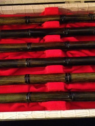 Vintage Bamboo Look Set 6 Heavy Duty Stainless Steel Fondue Forks In Case Japan 3