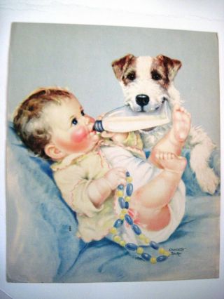 Precious Vintage Print By " Charlotte Becker " W/ Puppy Feeding Baby