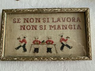 Vintage Handmade Cross Stitch Framed Wall Hanging,  Italian " Help Out "