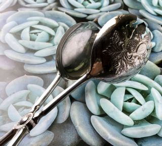 ⭐️vintage Leonard Italy Silverplate Serving Tongs Spoon Fork Fruit Pattern