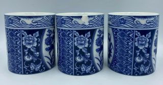 Vintage Set 3 Blue & White Porcelain Coffee Tea Mugs Floral Bird Design W/handle