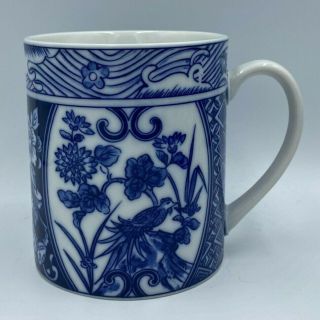 Vintage Set 3 Blue & White Porcelain Coffee Tea Mugs Floral Bird Design w/Handle 3