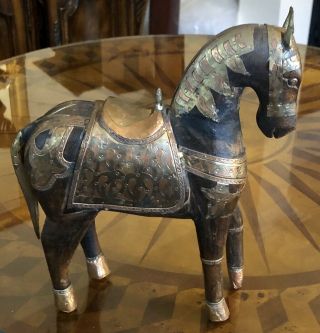 Antique Hand Carved Wood Armored Horse Hammered Copper Brass Inlay Folk Wooden